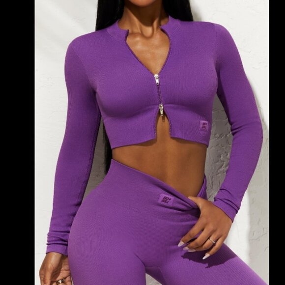 BO+TEE All The Way Long Sleeve Zip Crop Top in Purple - Picture 1 of 4